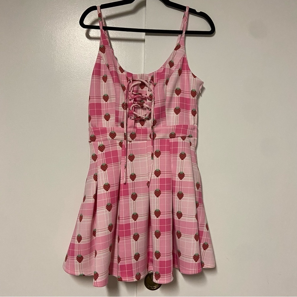 Hot Topic Strawberry Plaid Lace Up Dress Size S/M